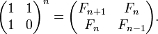 
| F(n)   F(n-1) |     | 1  1 | ^ n
|               |  =  |      |
| F(n-1) F(n-2) |     | 1  0 |
